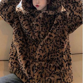 Leopard Print Half-zip Fleece Hoodie