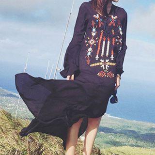 Embroidered Long-sleeve A-line Maxi Dress