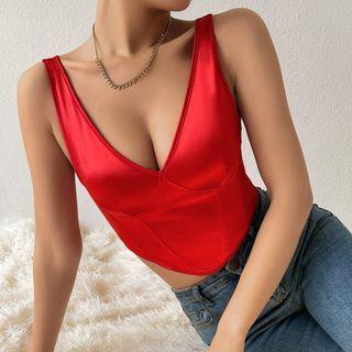 Sleeveless V-neck Plain Cropped Corset Top