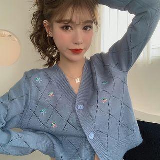 V-neck Flower Embroidered Cropped Cardigan