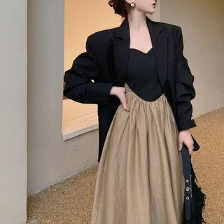 Spaghetti Strap Two-tone Midi A-line Dress / Plain Blazer