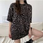 Elbow-sleeve Leopard Print T-shirt Leopard Print - Black & Brown - One Size