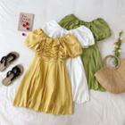Puff-sleeve Off-shoulder Shirred A-line Dress
