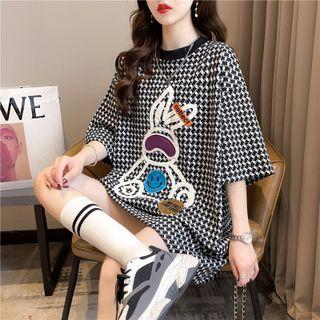Elbow-sleeve Rabbit Embroidered Plaid T-shirt