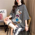 Elbow-sleeve Rabbit Embroidered Plaid T-shirt