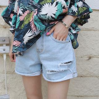 Cuffed-hem Slit-trim Denim Shorts