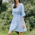 Elbow-sleeve V-neck Tie-back A-line Dress