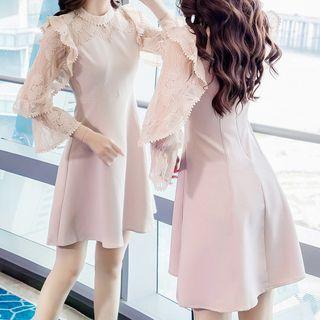 Lace Panel Ruffle Trim Long-sleeve Mini A-line Dress