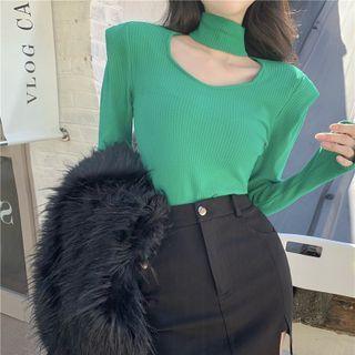 Long-sleeve Plain Slim-fit Halter Knit Top