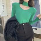 Long-sleeve Plain Slim-fit Halter Knit Top