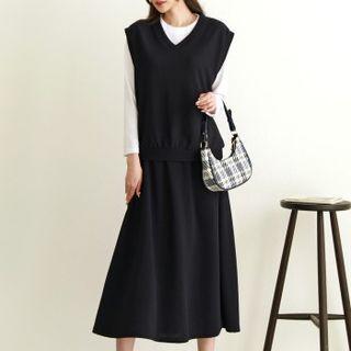 Set: V-neck Sweatshirt Vest + Long Flare Skirt