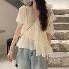 V-neck Ruffle-trim Lace Chiffon Blouse Cream Almond - One Size