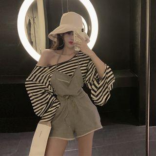 Striped Long-sleeve T-shirt / Spaghetti-strap Overalls
