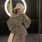 Striped Long-sleeve T-shirt / Spaghetti-strap Overalls