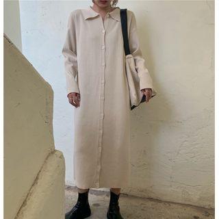 Collared Button-up Knit Midi Dress