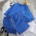 Set: Letter Embroidered Short Sleeve T-shirt + Drawstring Shorts