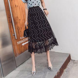 Sequined Lace Trim Midi A-line Skirt