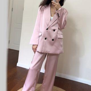 Plain Double-breasted Long-sleeve Blazer / High-waist Wide-leg Pants
