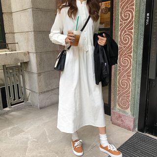 Button Front Long Sleeve Dress White - One Size