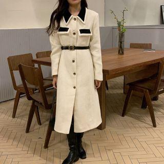 Contrast Collar Single-breasted Midi Coat Milky White - One Size