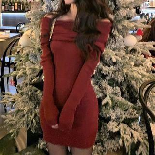 Off-shoulder Knit Mini Sheath Dress Red - One Size