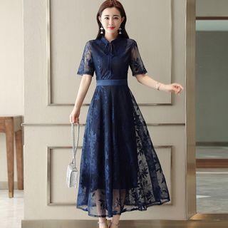 Short-sleeve Lace A-line Midi Party Dress
