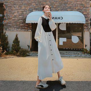 Long Sleeve Two Tone Midi Mock Two Piece Shirtdress