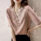 Short-sleeve V-neck Knit Blouse As Shown In Figure - One Size