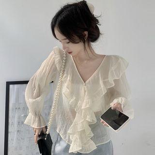 Flared-cuff V-neck Ruffle Blouse