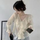 Flared-cuff V-neck Ruffle Blouse