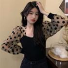 Long-sleeve Square Neck Polka Dot Mesh Panel Blouse Coffee - One Size