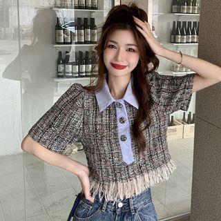 Short-sleeve Tweed Tasseled Polo Shirt