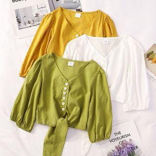 3/4 Sleeve V-neck Buttoned Top