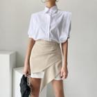 Short-sleeve Frill Trim Shirt / Irregular Mini Pencil Skirt