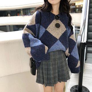 Color-block Argyle Long-sleeve Sweater / High-waist Plaid Skirt