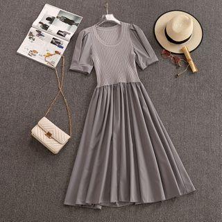Short-sleeve Knit Panel A-line Dress Gray - One Size