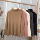 High-neck Plain Vertical Stripes Long-sleeve Sweater