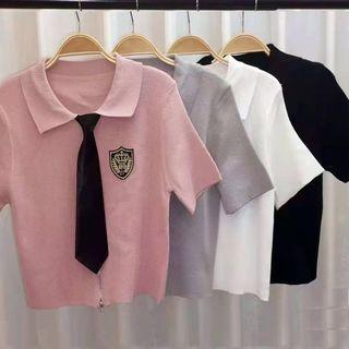Set: Short-sleeve Badge Embroidered T-shirt + A-line Skirt