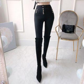 Napped Button-trim Skinny Pants Black - One Size