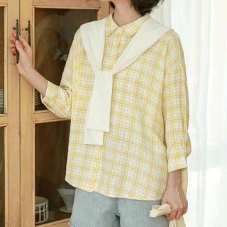 Mock Two-piece Long-sleeve Plaid Blouse Yellow - One Size
