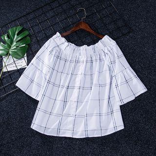 3/4-sleeve Plaid Blouse White - L