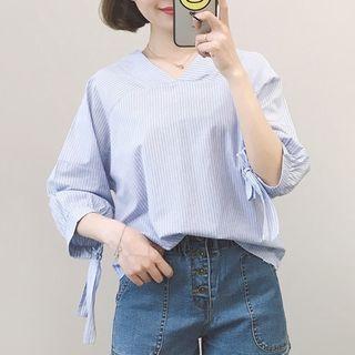 3/4-sleeve Tie-cuff Striped Blouse