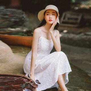 Spaghetti-strap Embroidered Dress / Embroidered Chiffon Jacket