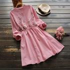 Long-sleeve Flower Embroidered Striped A-line Dress