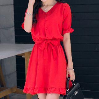 Short Sleeve Buttoned A-line Dress With Sash