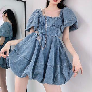 Puff-sleeve Denim Mini A-line Dress / Heart Pendant Chain Necklace