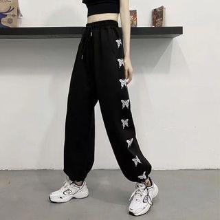 Butterfly Print Drawstring-cuff Wide Leg Sweatpants