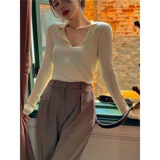 Long-sleeve Collared Plain Knit Top