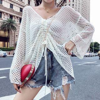 Drawstring Mesh Long-sleeve Top