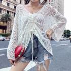 Drawstring Mesh Long-sleeve Top